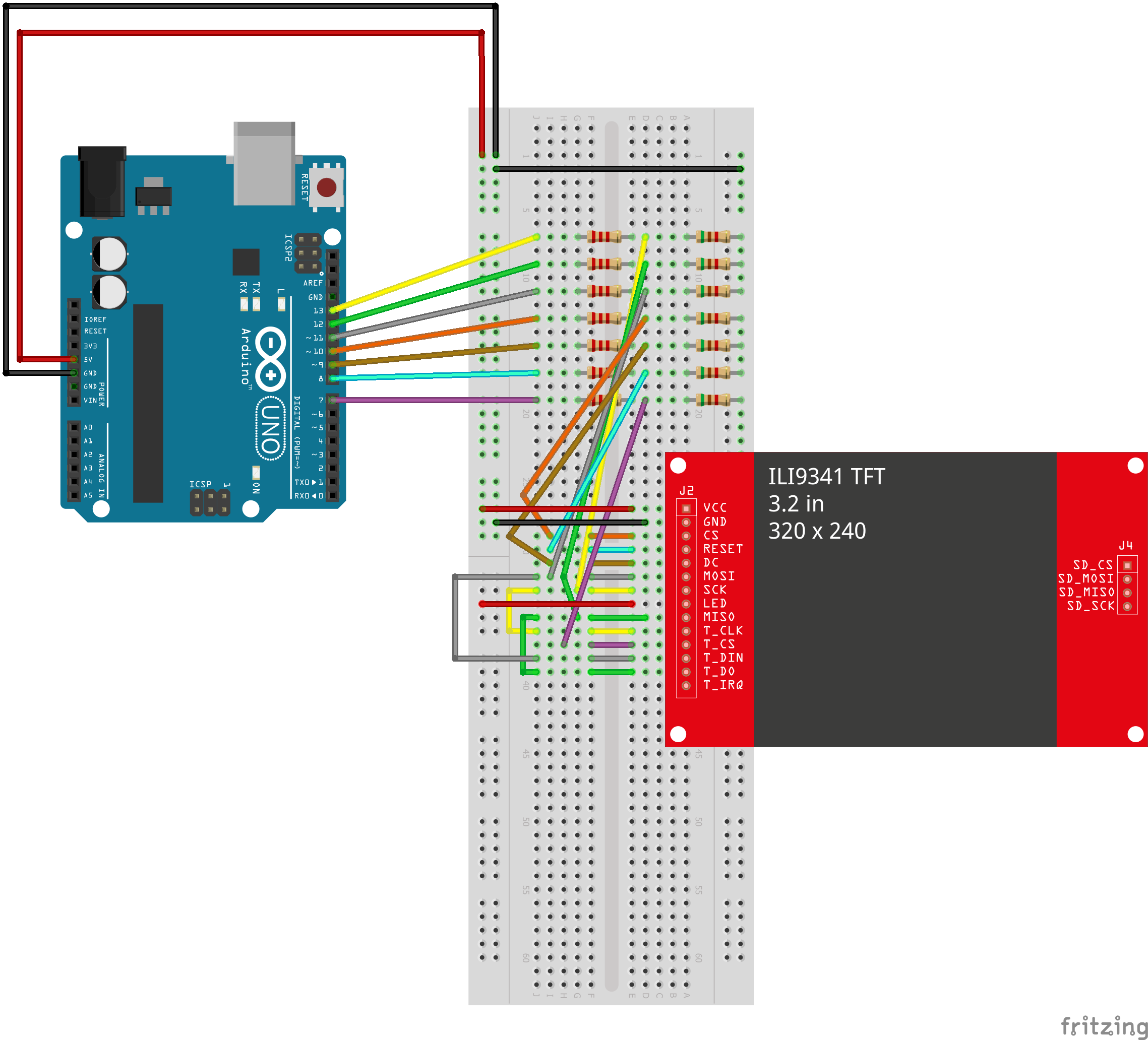 Arduino with TFT touchscreen panel breadboard layout