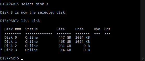 diskpart select disk
